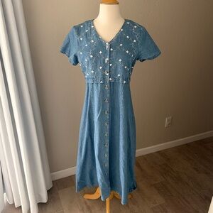 Cottage Core Denim Dress with Embroidered Flowers and Floral Buttons